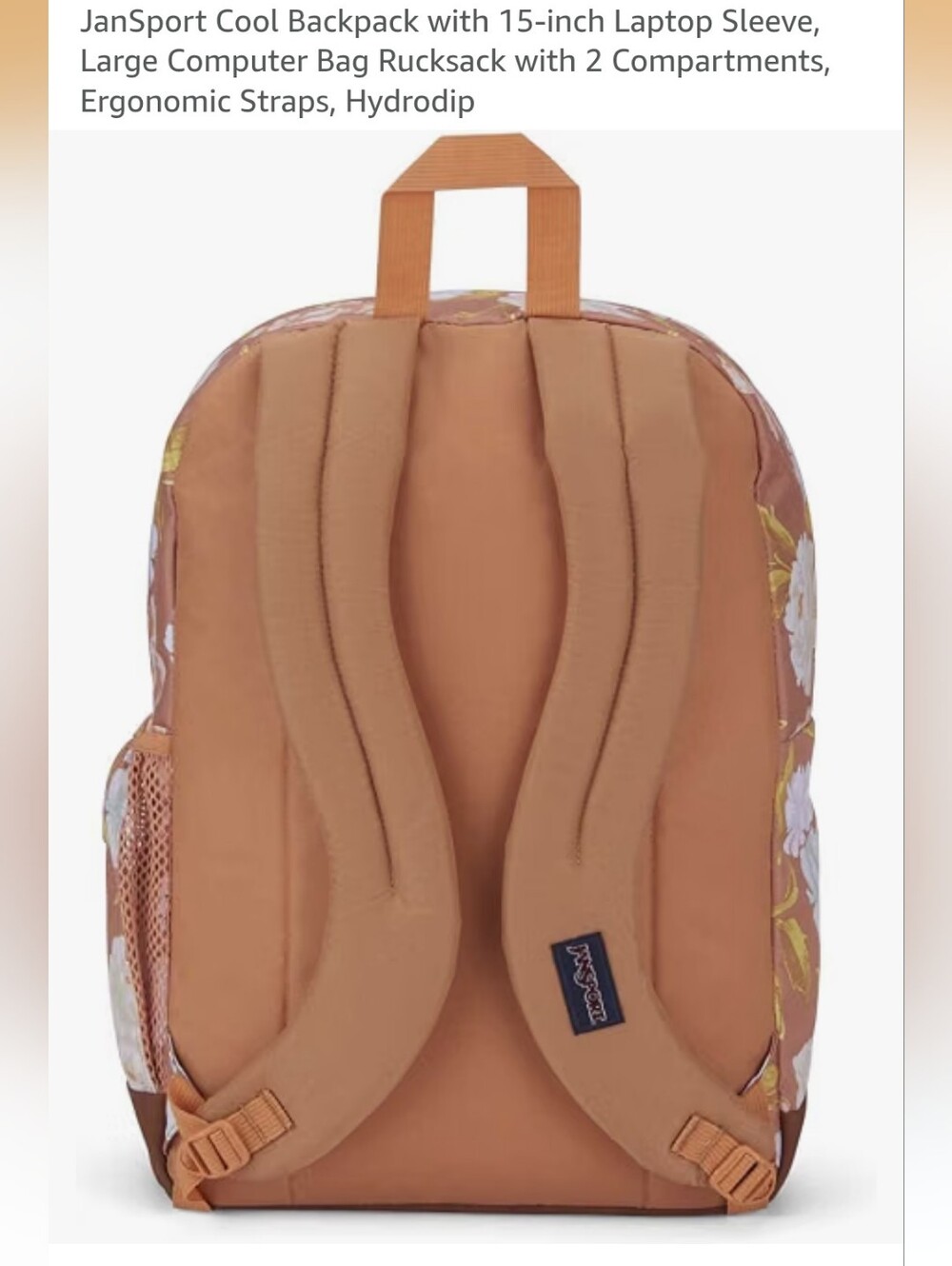 Jansport Peach Floral Backpack with White Blooms - Picture 2 of 3